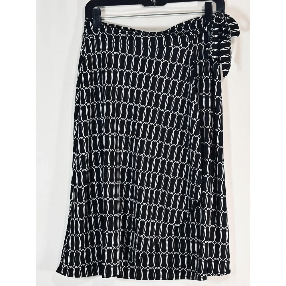 New York & Company Black White Chain Link Wrap Midi Skirt XS Side Tie Geometric